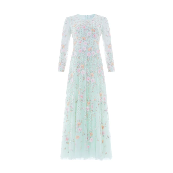 Needle and Thread Garden Rose Long Sleeve Ankle Gown in Sea Mist/Pastel Mint