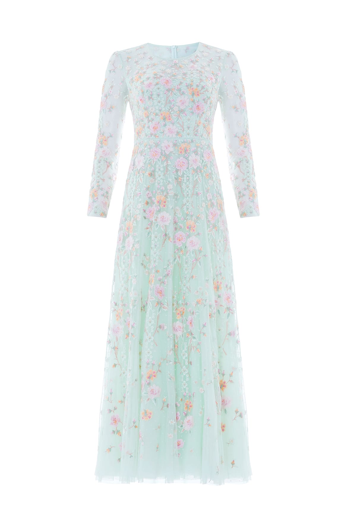 Needle & Thread Garden Rose Long Sleeve Ankle Gown in Sea Mist/Pastel Mint - Dresses - British Luxury Evening Wear at Luxury Shoes 