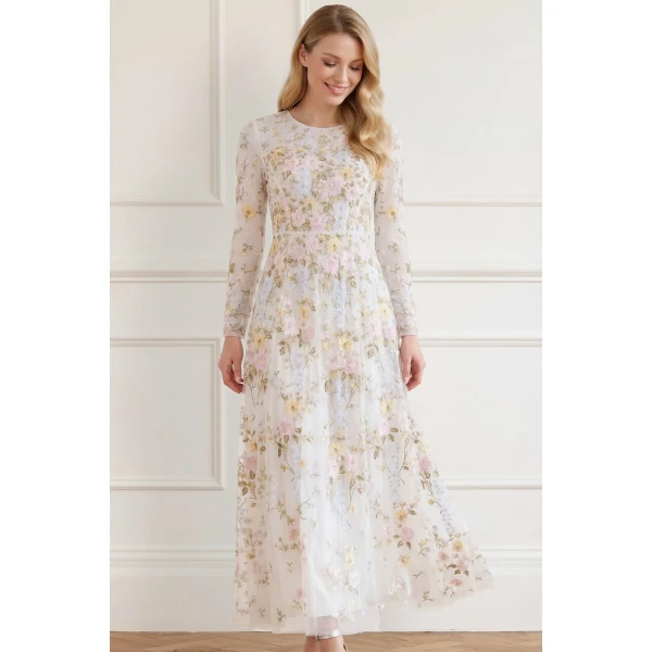 Needle and Thread Garden Rose Long Sleeve Ankle Gown in Swan White/Pastel Blue, view 2