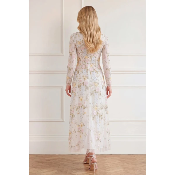 Needle and Thread Garden Rose Long Sleeve Ankle Gown in Swan White/Pastel Blue, view 3