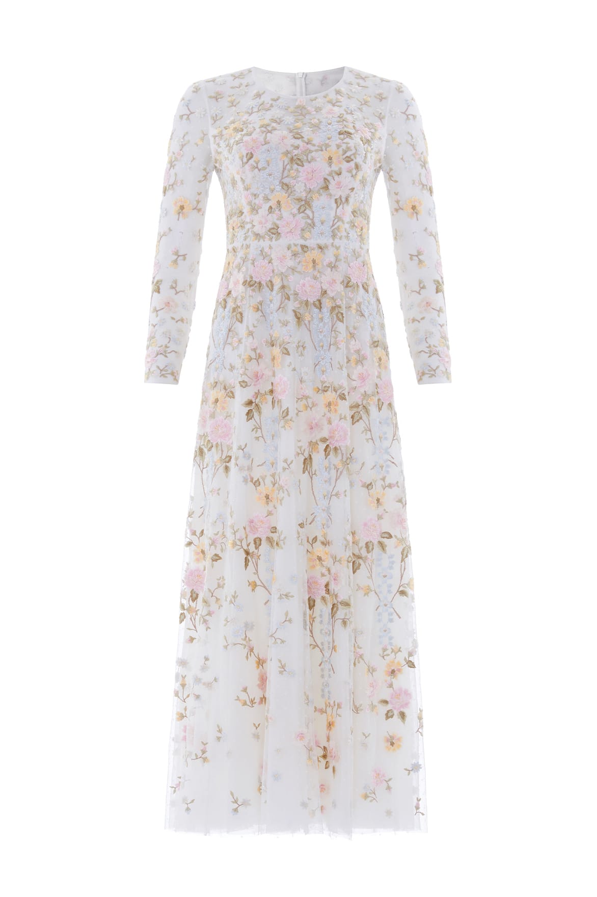 Needle & Thread Garden Rose Long Sleeve Ankle Gown in Swan White/Pastel Blue - Dresses - British Luxury Evening Wear at Luxury Shoes 