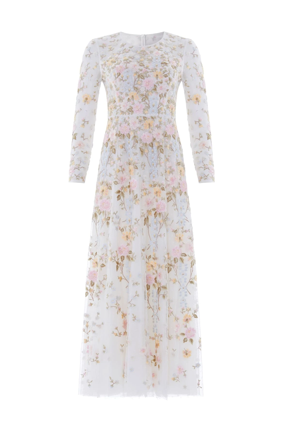 Needle and Thread Garden Rose Long Sleeve Ankle Gown in Swan White/Pastel Blue
