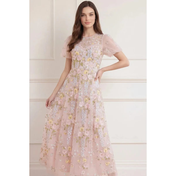 Needle and Thread Garden Rose Short Sleeve Ankle Gown in Shell/Pastel Blue, view 2