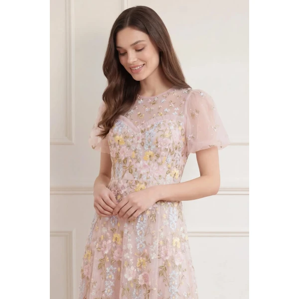 Needle and Thread Garden Rose Short Sleeve Ankle Gown in Shell/Pastel Blue, view 4