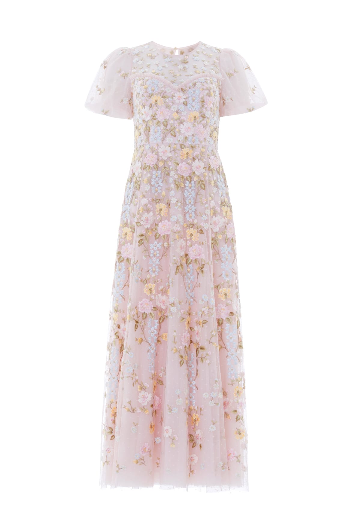 Needle & Thread Garden Rose Short Sleeve Ankle Gown in Shell/Pastel Blue - Dresses - British Luxury Evening Wear at Luxury Shoes 