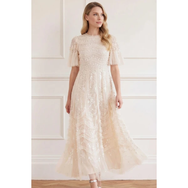 Needle and Thread Gianna Ruffle Short Sleeve Ankle Gown in Cream, view 2