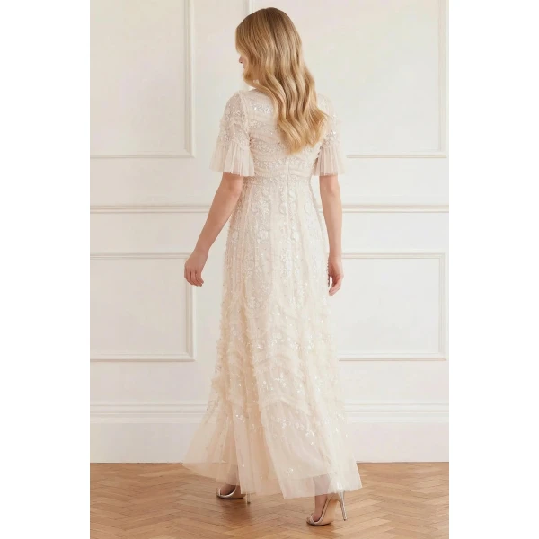 Needle and Thread Gianna Ruffle Short Sleeve Ankle Gown in Cream, view 5