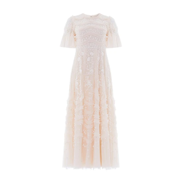 Needle and Thread Gianna Ruffle Short Sleeve Ankle Gown in Cream