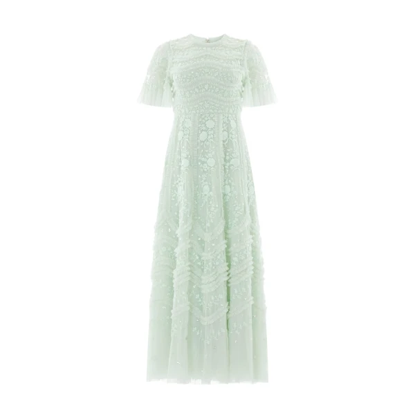Needle and Thread Gianna Ruffle Short Sleeve Ankle Gown in Sea Mist