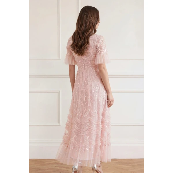 Needle and Thread Gianna Ruffle Short Sleeve Ankle Gown in Shell, view 5