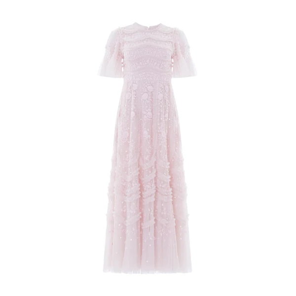 Needle and Thread Gianna Ruffle Short Sleeve Ankle Gown in Shell