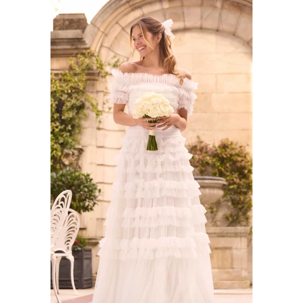 Needle and Thread Lisette Ruffle Off-Shoulder Gown in Swan White, view 2