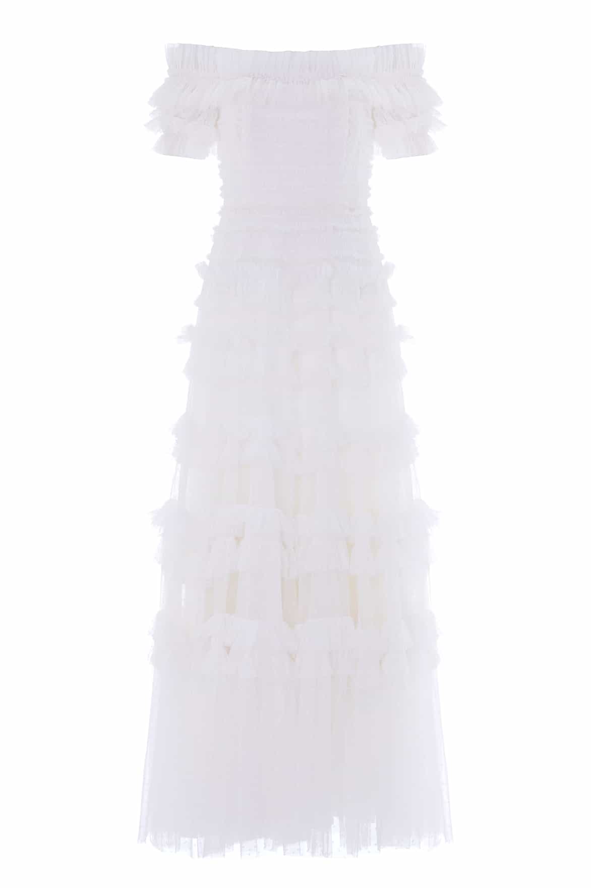 Needle & Thread Lisette Ruffle Off-Shoulder Gown in Swan White - Dresses - British Luxury Evening Wear at Luxury Shoes 