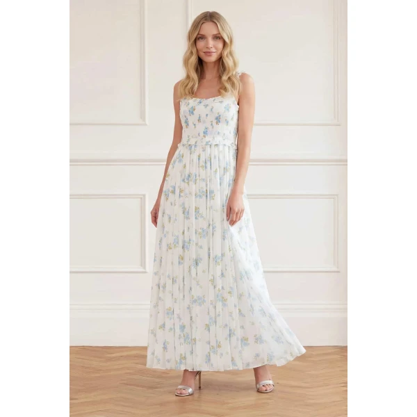 Needle and Thread Magnolia Ditsy Chiffon Smocked Cami Ankle Gown in White/Aqua, view 2