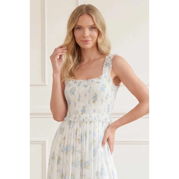 Needle and Thread Magnolia Ditsy Chiffon Smocked Cami Ankle Gown in White/Aqua, view 4