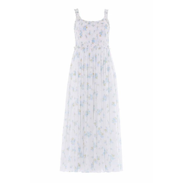 Needle & Thread Magnolia Ditsy Chiffon Smocked Cami Ankle Gown in White/Aqua - Dresses - British Luxury Evening Wear at Luxury Shoes 