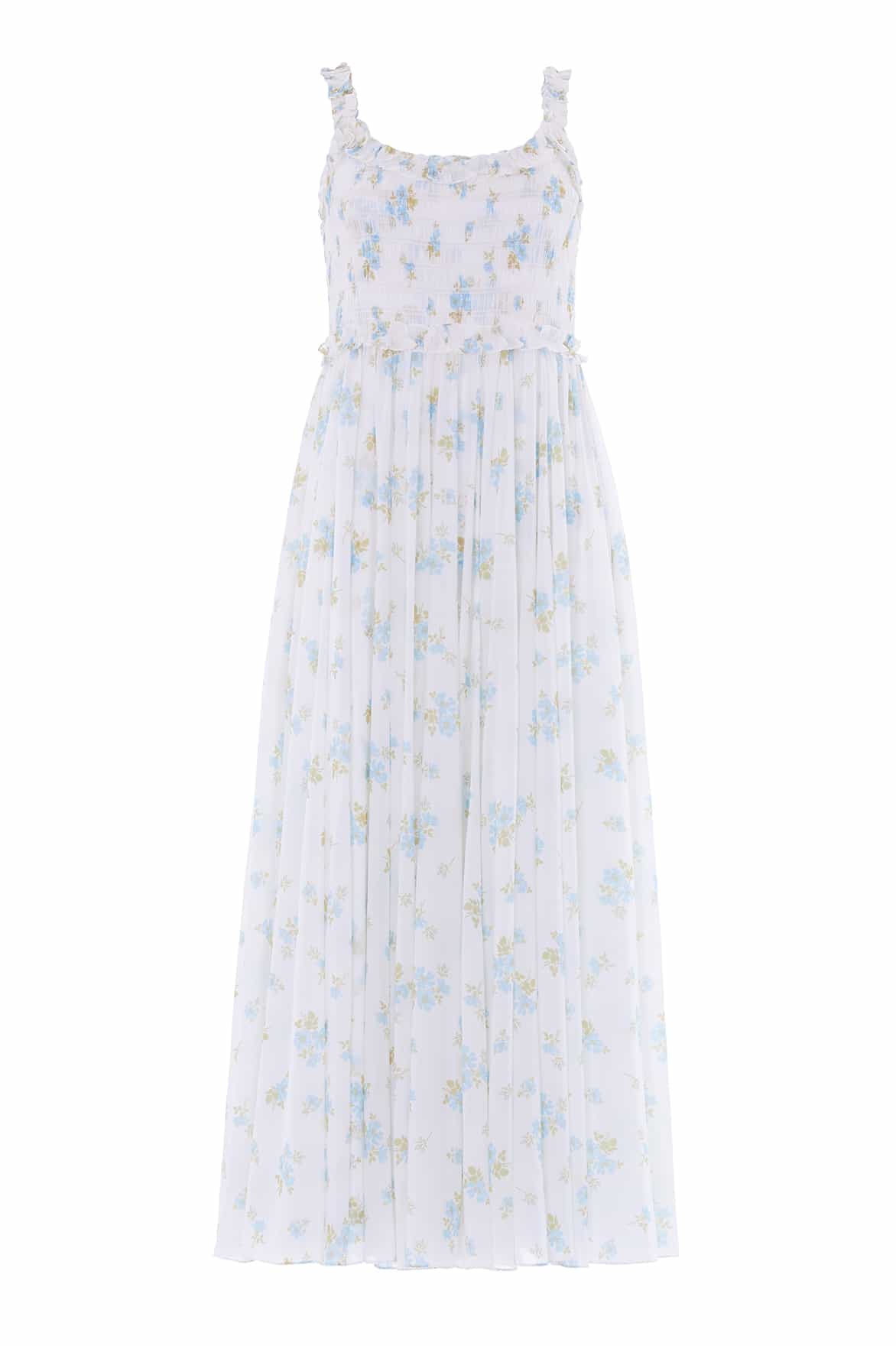 Needle & Thread Magnolia Ditsy Chiffon Smocked Cami Ankle Gown in White/Aqua - Dresses - British Luxury Evening Wear at Luxury Shoes 