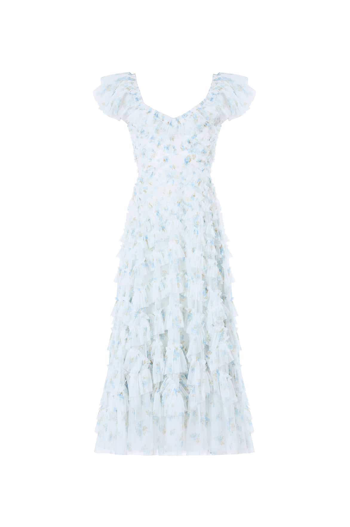 Needle & Thread Magnolia Ditsy Lola Backless Ballerina Dress in White/Aqua - Dresses - British Luxury Evening Wear at Luxury Shoes 