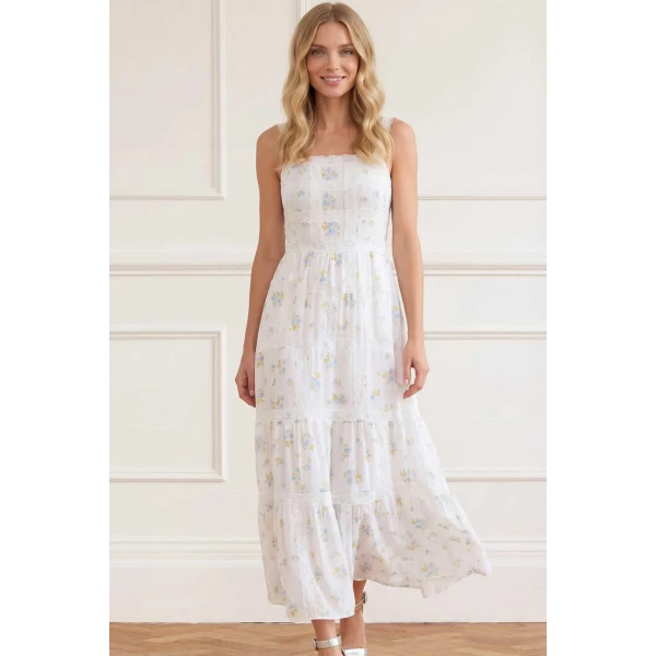 Needle and Thread Magnolia Ditsy Sophia Bib Ankle Gown in White/Aqua, view 2