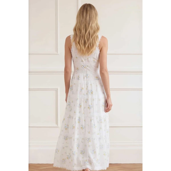 Needle and Thread Magnolia Ditsy Sophia Bib Ankle Gown in White/Aqua, view 4