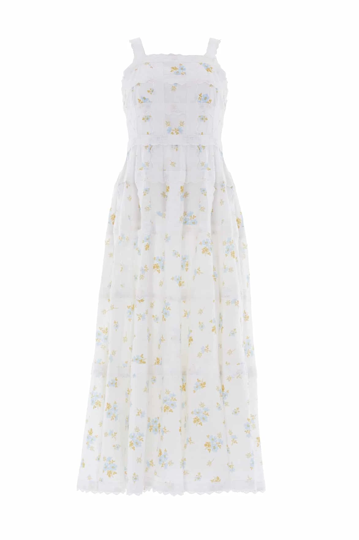 Needle and Thread Magnolia Ditsy Sophia Bib Ankle Gown in White/Aqua