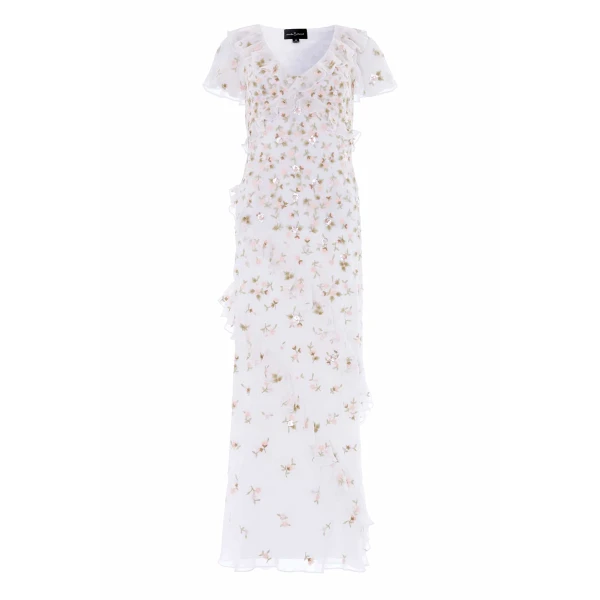 Needle & Thread Meadow Ditsy Georgette Gown in Swan White/Peach - Dresses - British Luxury Evening Wear at Luxury Shoes 