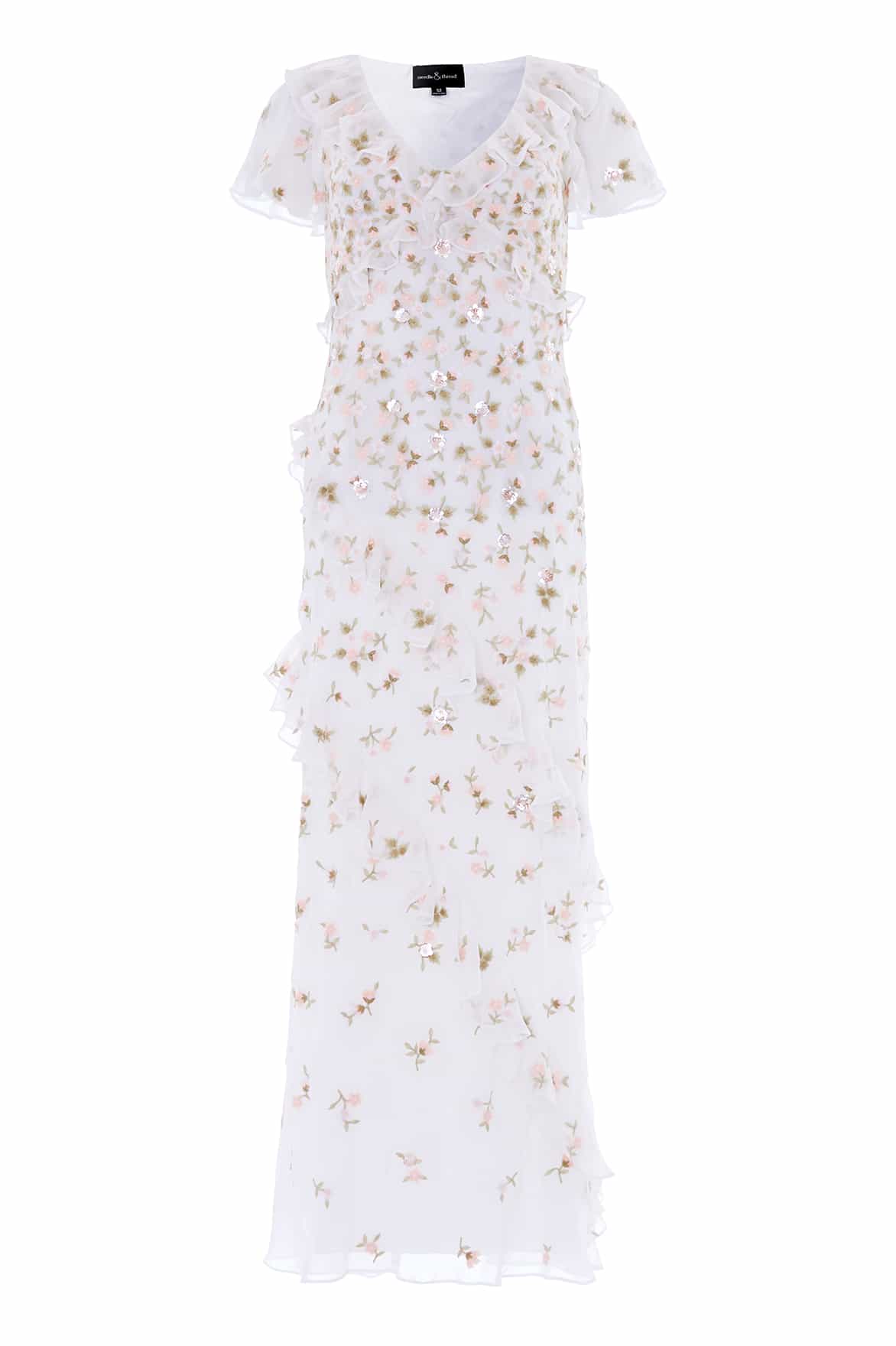 Needle & Thread Meadow Ditsy Georgette Gown in Swan White/Peach - Dresses - British Luxury Evening Wear at Luxury Shoes 