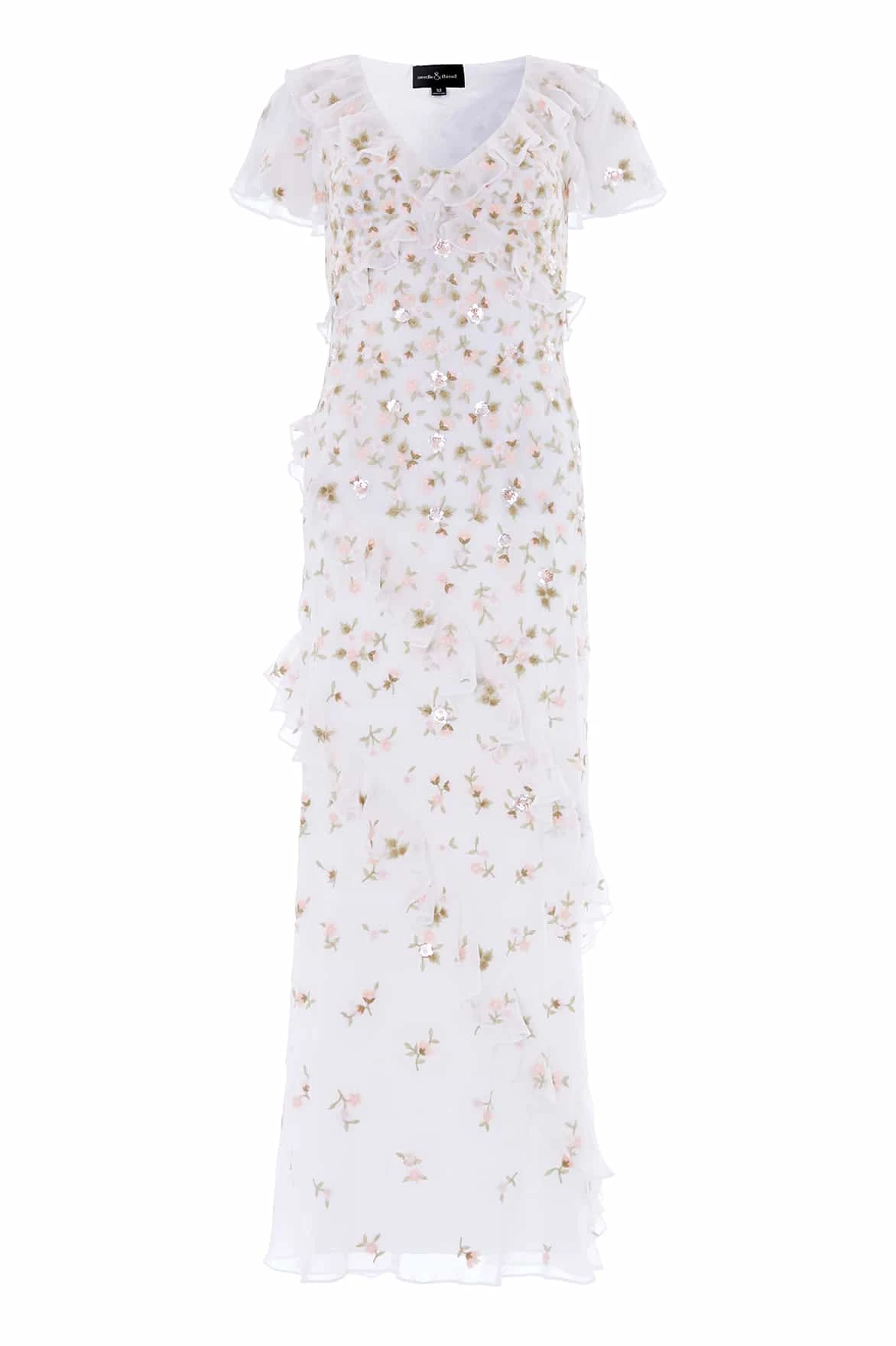 Needle and Thread Meadow Ditsy Georgette Gown in Swan White/Peach