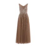 Needle and Thread Moonlight Sequin Cowl Neck Ankle Gown in Cocoa/Tawny
