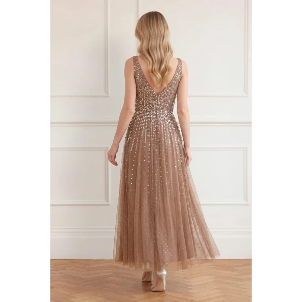 Needle and Thread Moonlight Sequin Cowl Neck Ankle Gown in Cocoa/Tawny, view 5