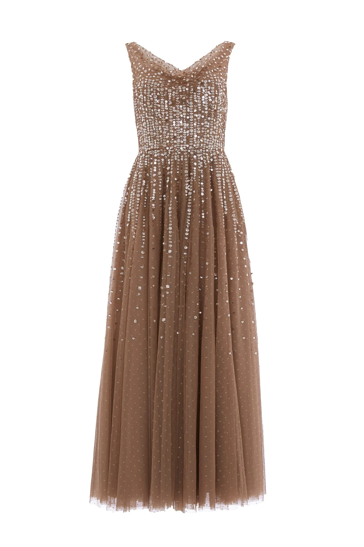 Needle and Thread Moonlight Sequin Cowl Neck Ankle Gown in Cocoa/Tawny