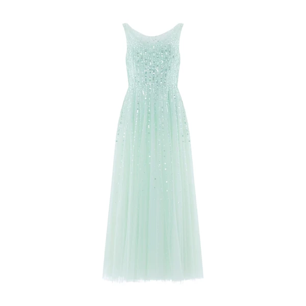 Needle and Thread Moonlight Sequin Cowl Neck Ankle Gown in Soft Mint