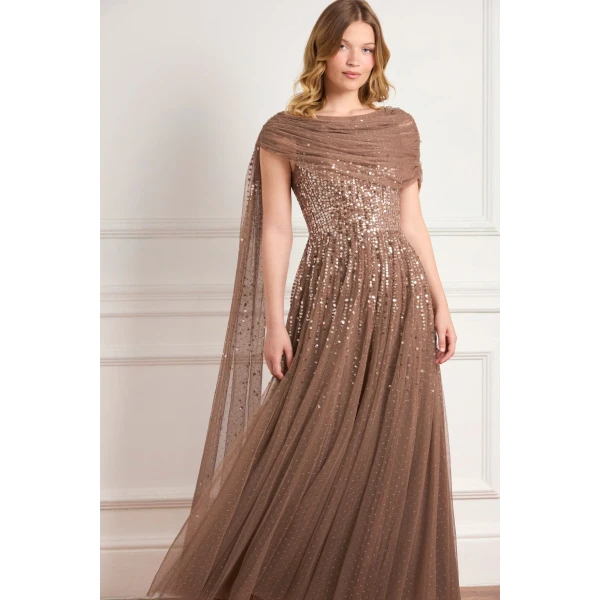 Needle and Thread Moonlight Sequin Draped Gown in Cocoa/Tawny, view 2