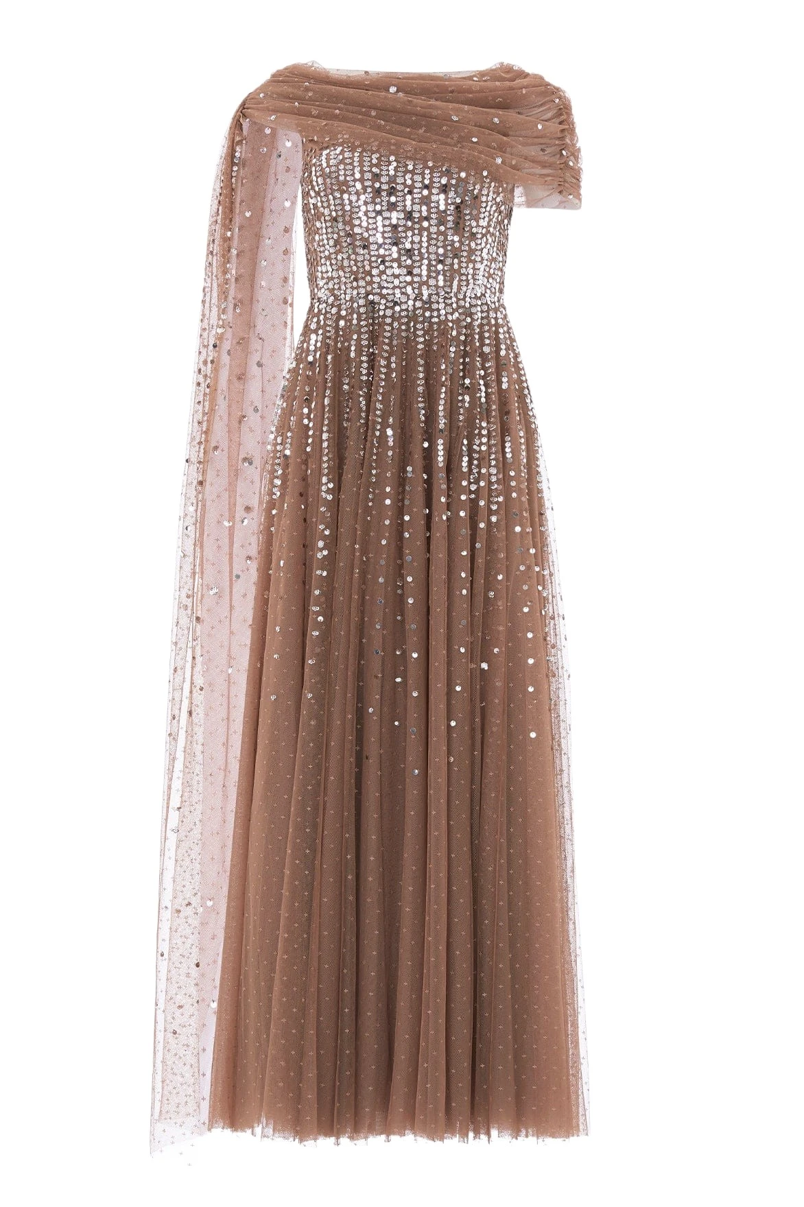 Needle and Thread Moonlight Sequin Draped Gown in Cocoa/Tawny