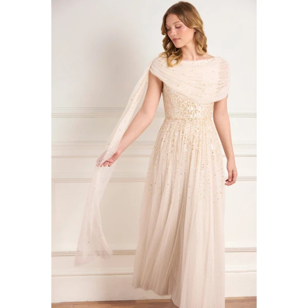 Needle and Thread Moonlight Sequin Draped Gown in Cream/Gold, view 2