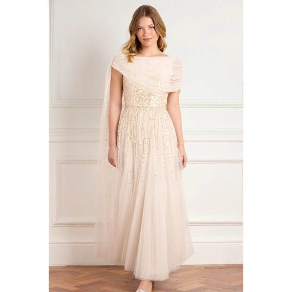 Needle and Thread Moonlight Sequin Draped Gown in Cream/Gold, view 3