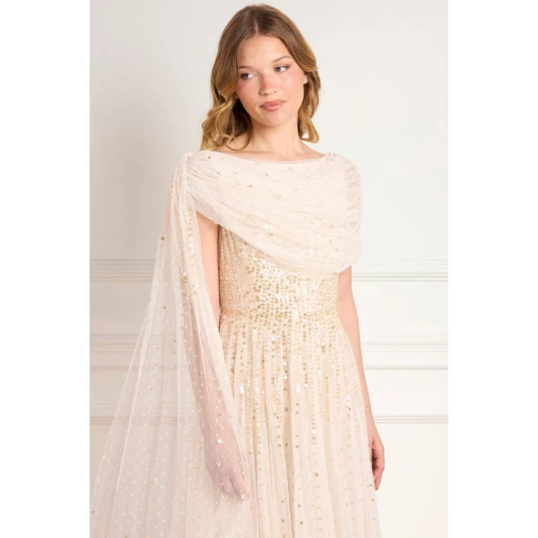 Needle and Thread Moonlight Sequin Draped Gown in Cream/Gold, view 4