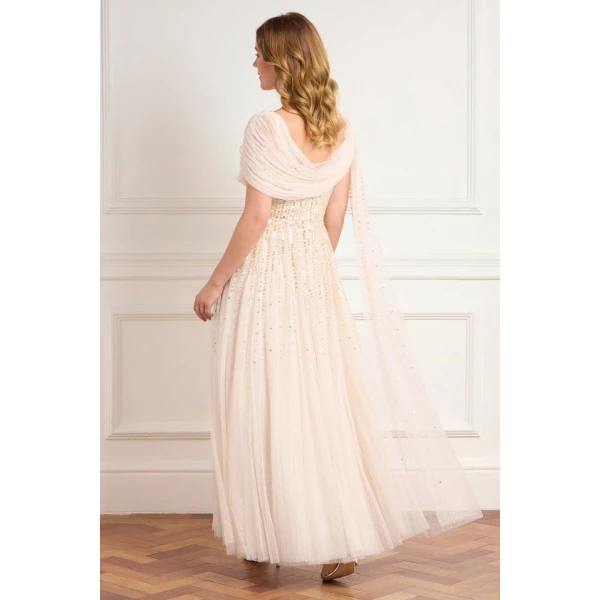 Needle and Thread Moonlight Sequin Draped Gown in Cream/Gold, view 5
