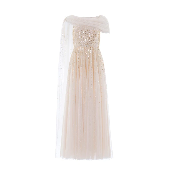 Needle and Thread Moonlight Sequin Draped Gown in Cream/Gold