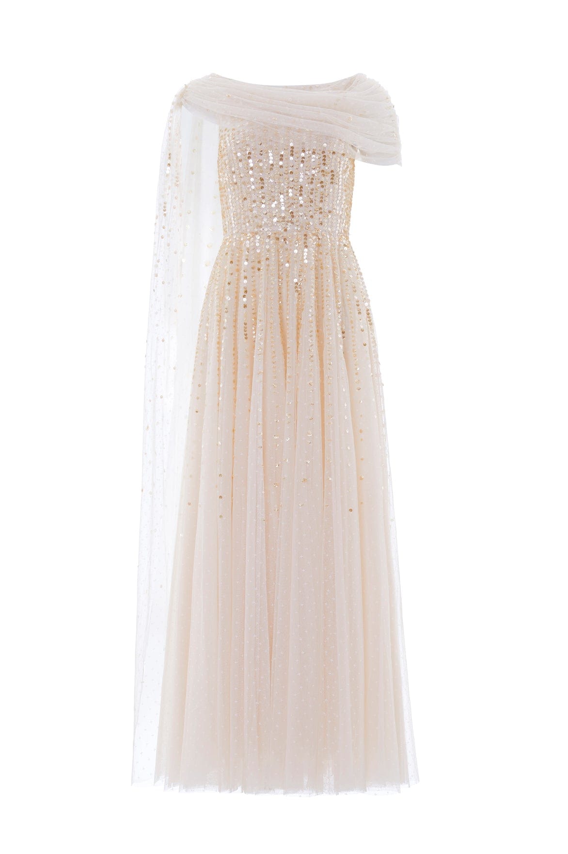 Needle & Thread Moonlight Sequin Draped Gown in Cream/Gold - Dresses - British Luxury Evening Wear at Luxury Shoes 