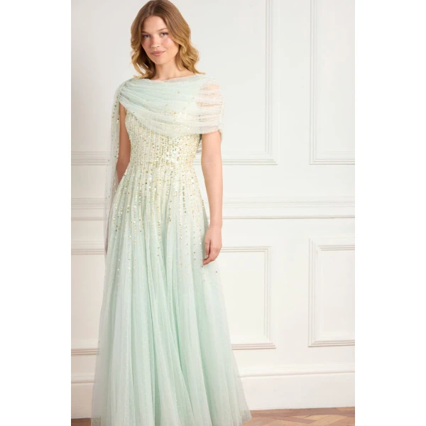 Needle and Thread Moonlight Sequin Draped Gown in Soft Mint/Gold, view 2