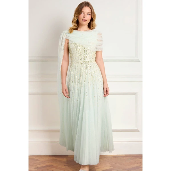 Needle and Thread Moonlight Sequin Draped Gown in Soft Mint/Gold, view 3