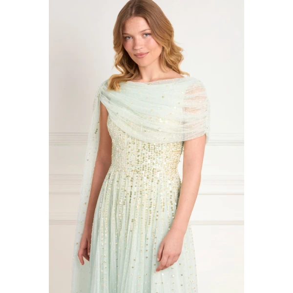 Needle and Thread Moonlight Sequin Draped Gown in Soft Mint/Gold, view 4