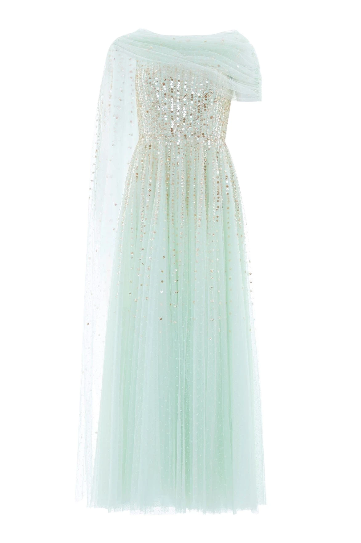 Needle and Thread Moonlight Sequin Draped Gown in Soft Mint/Gold
