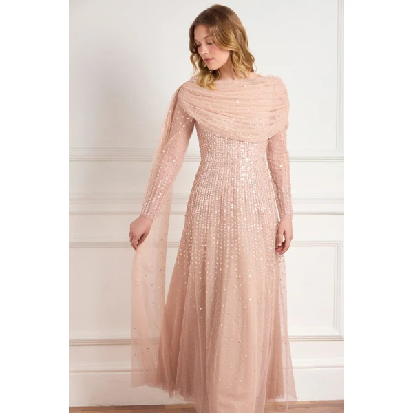 Needle and Thread Moonlight Sequin Draped Long Sleeve Gown in Biscuit, view 2