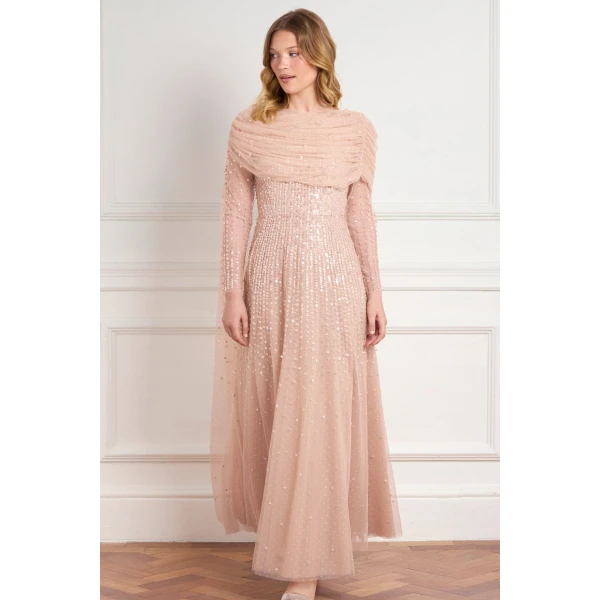 Needle and Thread Moonlight Sequin Draped Long Sleeve Gown in Biscuit, view 3