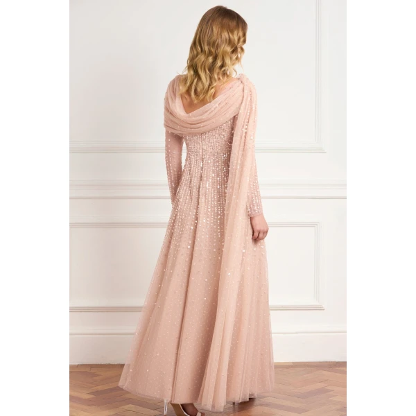 Needle and Thread Moonlight Sequin Draped Long Sleeve Gown in Biscuit, view 4