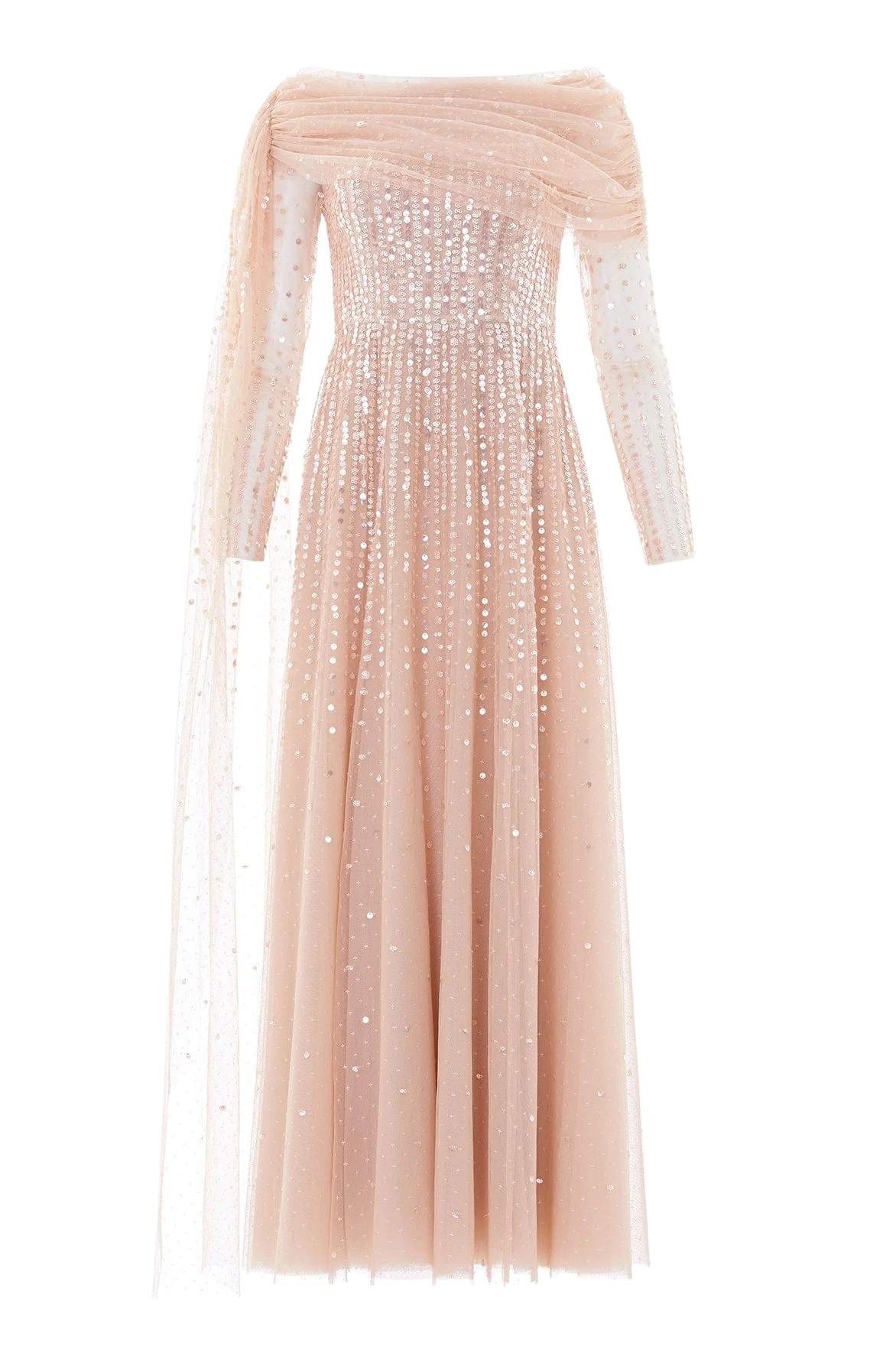Needle and Thread Moonlight Sequin Draped Long Sleeve Gown in Biscuit