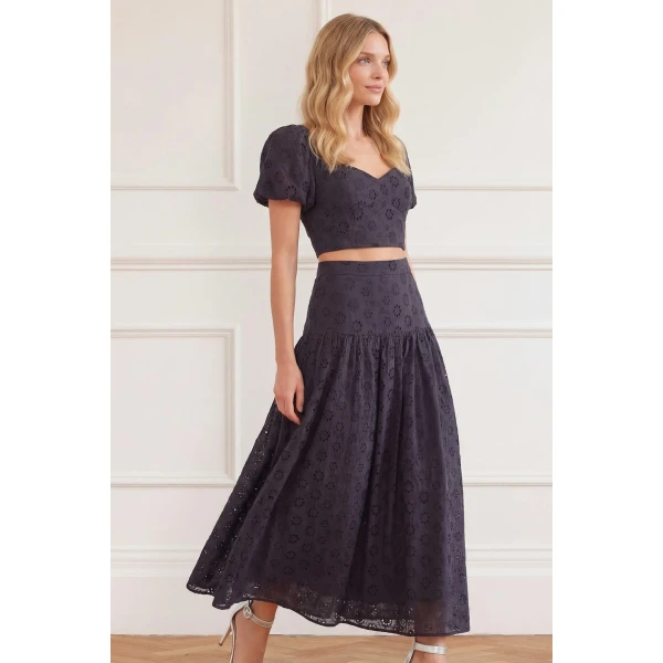 Needle and Thread Romilly Cotton Broderie Ankle Skirt in Jet Black, view 3
