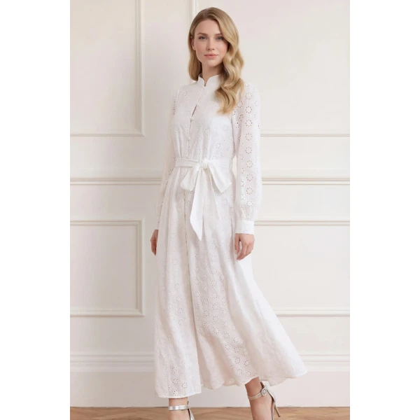 Needle and Thread Romilly Cotton Broderie Long Sleeve Shirt Dress in Optic White, view 2